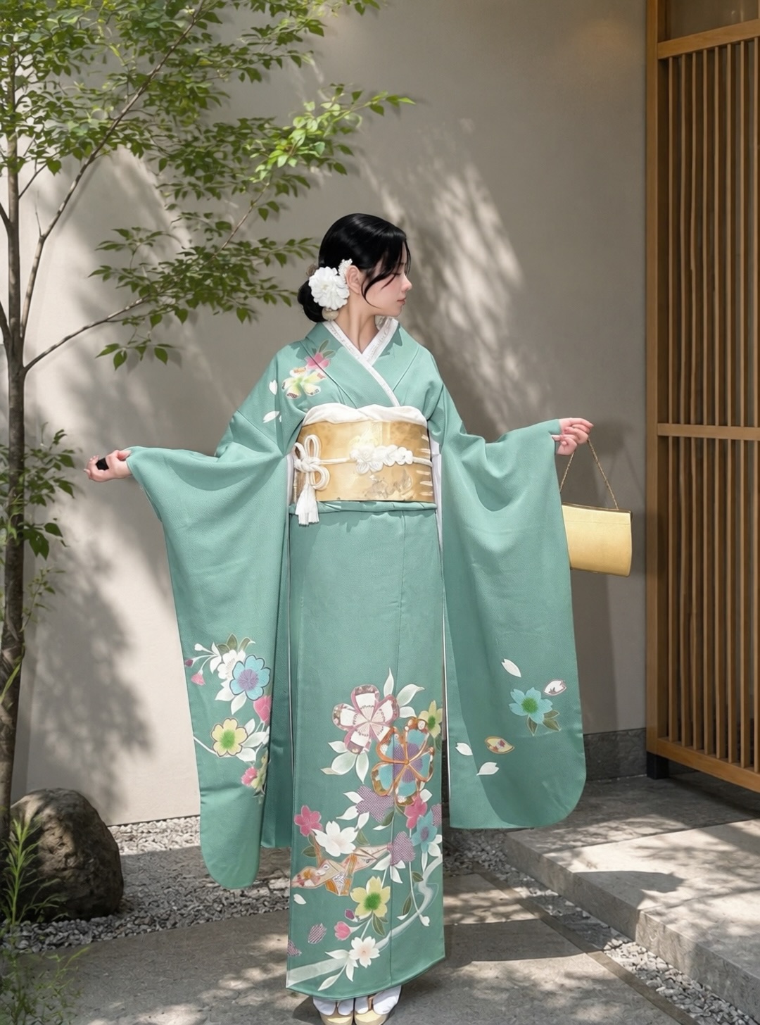くすみブルー 草花と折鶴 振袖フルセット