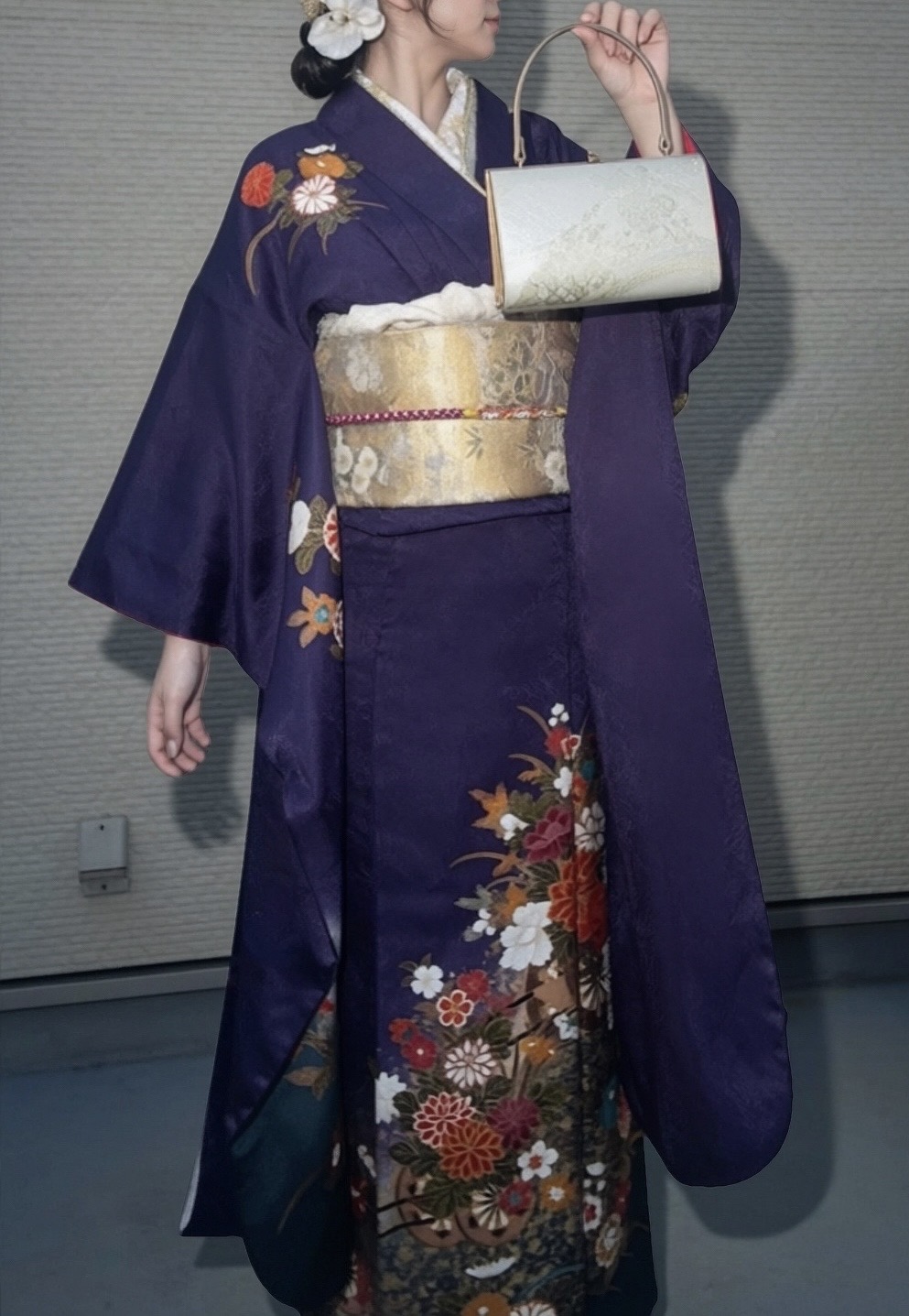 上品紫 花車 金彩 振袖フルセット